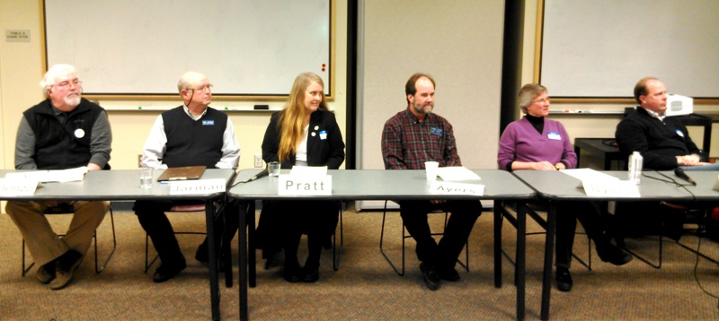 Candidates for Council positions representing San Juan Island and Orcas Island speak at the Eagle Forum. From left: Marc Forlenza, Bob Jarman, Lovel Pratt, Greg Ayers, Lisa Byers and Rick Hughes