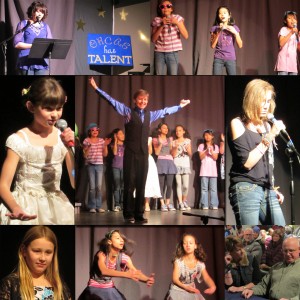 Contestants in the 2012 Orcas Has Talent Junior Competition: Clockwise from top left: Emcee Julia Bailey, The M&Ms, Hailee Stevens, Judges Susan and Joe Babcock, Tori and Violet Sturk, Monica Connell, and Stormy Hildreth. In the center is the winner, Matthew Laslo-White