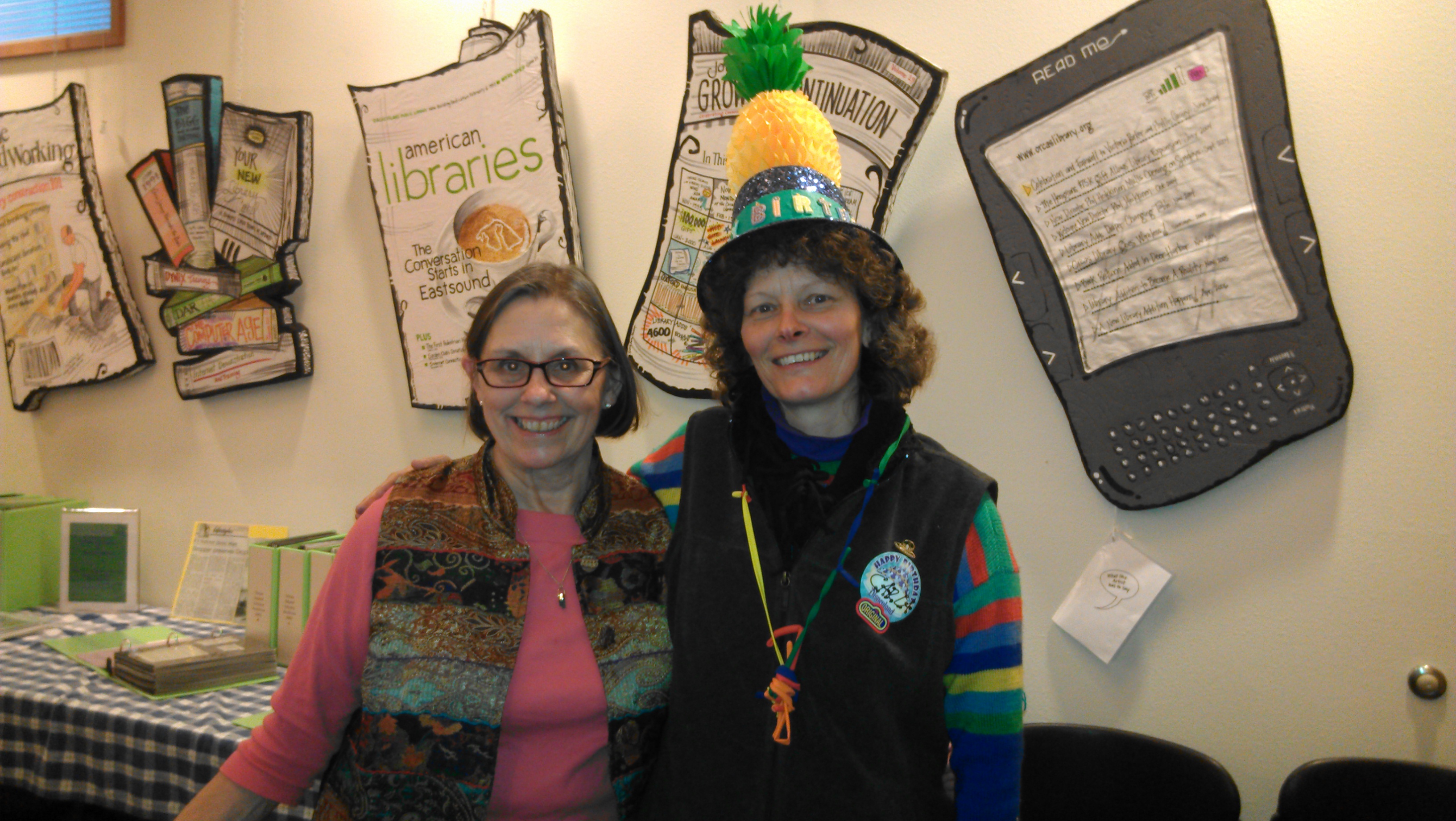 Marcia Spees and Carla Stanley at the Orcas Public Library party