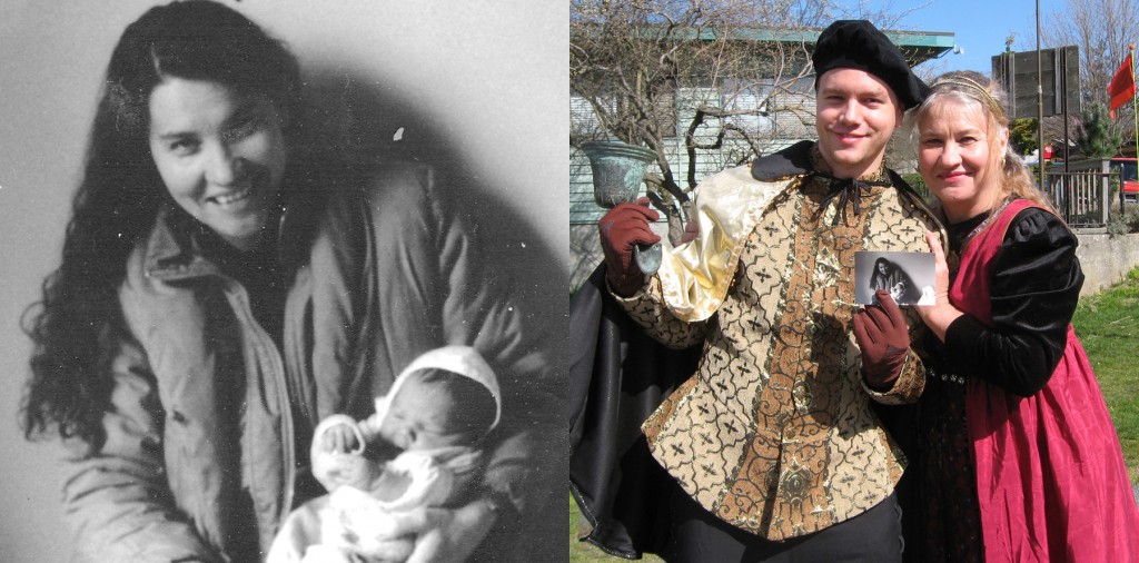 (left) Midwife Melinda Milligan with newborn Woody Ciskowski, 1988. (right) Shakespeare Festival Town Crier Woody Ciskowski and Lady McBeth Melinda Milligan on the 25th anniversary of Woody's birth.