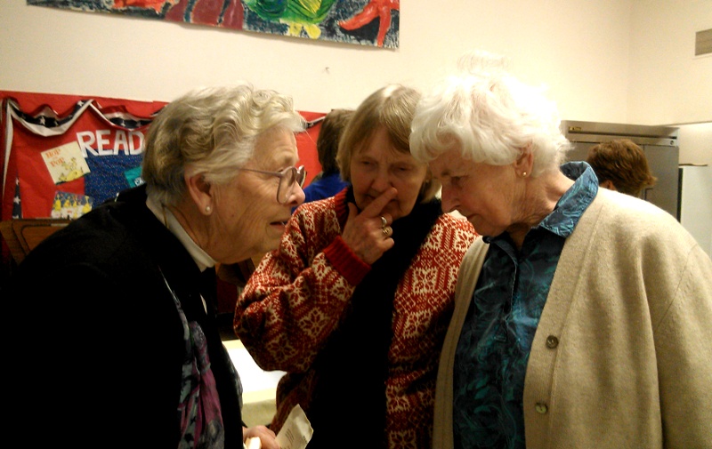 Joyce Burghardt, Patty Johnson and Marilyn Anderson -- Campfire Girls all, pondering which song to sing at the 2013 MAG reception