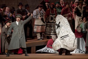 A scene from Act III of Dmitri Shostakovich’s “The Nose” with Andrei Popov as the Police Inspector and the Nose (portrayed by Frank Colardo). Photo: Ken Howard/Metropolitan Opera