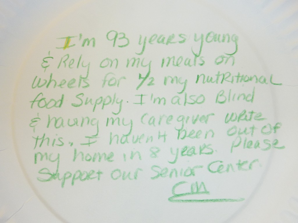 Over 100 paper plates with personal, handwritten messages by Whatcom and San Juan seniors were recently sent to Senator Patty Murray in support of restoring federal funding cut by the Sequester to Meals on Wheels and Senior Community Meals. They stressed not only the nutritional value provided by the meals, but the social aspect of the program as well.