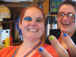 Two lone Broncos fans braved the harassment and resounding loss by their team. Photo: Lin McNulty