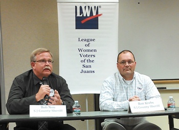 Sheriff Rob Nou, left and Deputy Ron Krebs take questions from the LWV Forum audience.