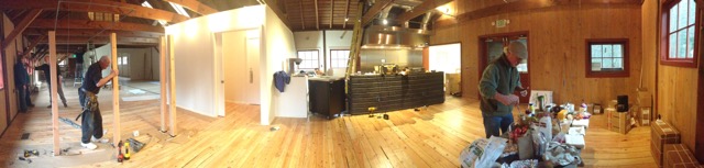 A panorama of revival. Right is rebuilt café seating area and kitchen; middle left, new bathrooms; left, looking down central and side gallery areas toward main entrance and stairway to Upstairs Gallery.