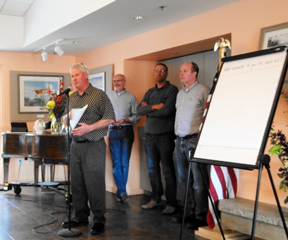 From left, Clyde Duke, Lance Evans, Ken Katz and Rick Hughes at Orcas Public Meeting, March 26