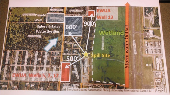 Graphic of the April 10 fuel spill at the end of Seaview Street (the airport runways are to the extreme right of the picture, provided by Paul Kamin.