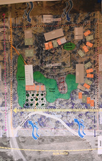 A second drawing to indicate how rental housing may be clustered in the nearly four acres for this OPAL project