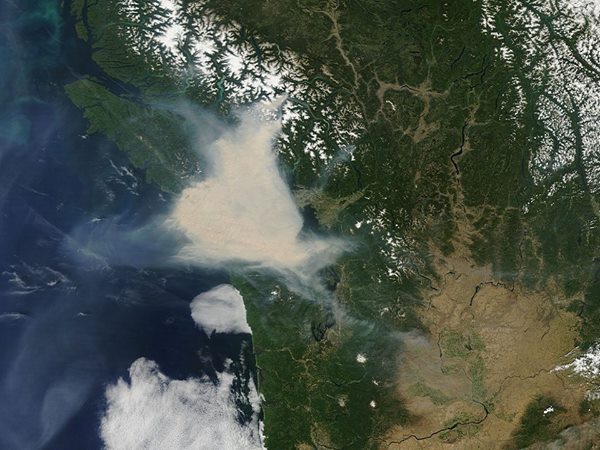 Smoke from fires over British Columbia are clouding our air. Health alerts in effect. Photo from US National Weather Service