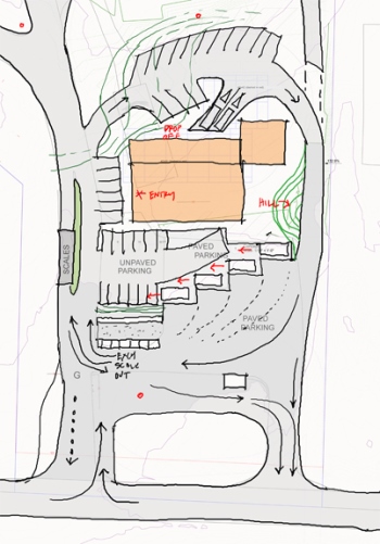 The roadwork begins at the Orcas Transfer Station. The "new" Exchange is the brown building at the top (north) of this map