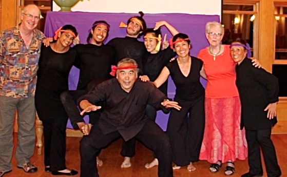 The Eth-Noh-Tec apprentices at Orcas Storyfest 2015, flanked on the left by Tom Rawson, on the right by Connie  and Nancy Wang. Robert Kikuchi-Ngyonji center