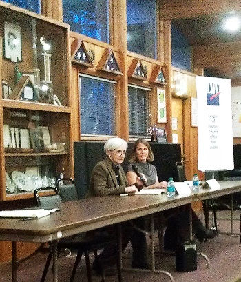 From left, Theresa Haynie and Deborah Jones meet the public at the League of Women Voters Forum at the American Legion Hall