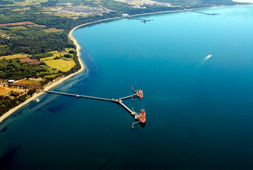 Existing piers near Cherry Point. If permitted, the coal terminal would go just beyond the Point.