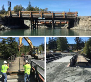 The top photo shows the existing wood bridge in front of the newly constructed temporary vehicle and pedestrian bridges. The bottom left and right photos show the temporary bridge structures from the west and east banks, respectively. Pedestrians will use the smaller wood planked temporary bridge to cross the water.