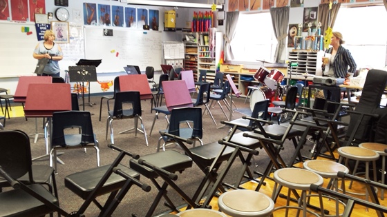 The Music Room set up for the Strings Classes. Teacher Pamela Wright is on the far left, and Liz LeRoy is on the far right