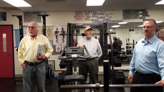 The Phase III School bond is discussed on a tour through the high school weight room with, from left, "Way Forward" Facilitator Fred Klein, Business Manager Keith Whitaker, School Superintendent Eric Webb