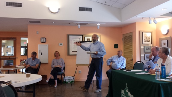 Jim Corenman addresses the Orcas Island meeting of Washington State Ferries officials on Aug. 9