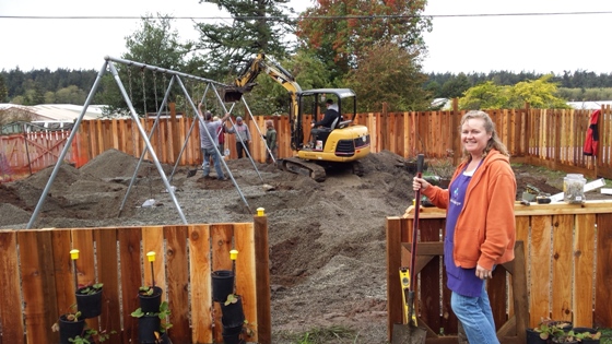 Amber Paulsen with the under progress revamped playground at Kaleidoscope Chidcare Center on North Beach Road