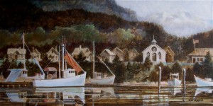"Hoonah Village on Icy Straits, Alaska" one part of a triptych by William Trogdon, to be displayed with works by other local artists in "Our Vast Landscapes"