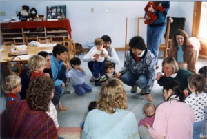 An early playgroup -- Laurie Gallo with Muriel, Mathew Chasanof with Emma and John Clancy with Willie in the center
