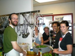 Froom left, Farm to Cafeteria Community Chefs Chris Holbert, Debbie Guilford and Bruce Orchid, Charles Dalton and Annie Sparks Dempster prep for Friday's Guest Chef program at the Orcas School Cafeteria. All are welcome.