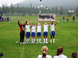 Lady Vikings honor their continued success with ceremony releasing homing pigeons. Alison O’Toole, Emily Diepenbrock, Grace Thompson, Hannah North, Tika Thorsen, and Stephanie Shaw.  Photo courtesy of s. jaen black