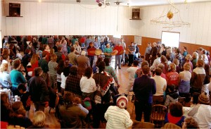 February 1990 party celebrating local acquisition of Madrona Point, deeded to the Lummi Nation with usage governed by San Juan County. Photo courtesy Peter Fisher.