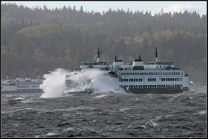 Ferry rides the gale-churned waters on the Mukilteo run in November 2007. George Sickel photo.