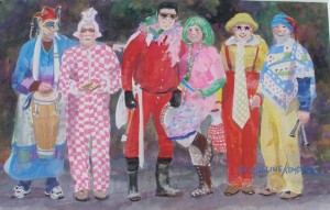 The Usual Suspects gouache paiting of the Odd Fellows will be on display at Jackie Kempfer's art gallery