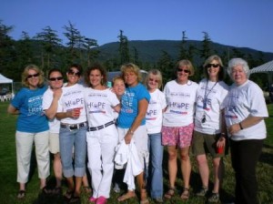 The "People on Oncology Patrol" team gather as Orcas Relay for Life begins. From left, Candace Bodenhammer, team co-captain, Mia Kartinganer, Jody Linnes, Rachel Newcombe, Judy Bossert, Team Co-Saptian Teri Nigretto, Kate Merrick, Patty Pearson, Kelly Boetger and Paula Tyler.