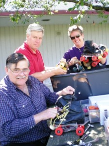 Rollerskates are ready, thanks to volunteers like John Hunt, Bob Connell and Peggy Coburn, who prepared skates in the Middle School-Library-Old Gym courtyard with other PTSA volunteerslast Saturday