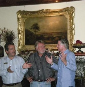 Christopher Peacock, Jerry Barto and son Craig Barto in front of the Moran mansion fireplace at Rosario